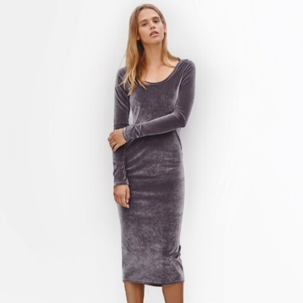 Wilfred Free Anouk Velvet Midi Bodycon Dress Silver Sz M Long Sleeve Aritzia